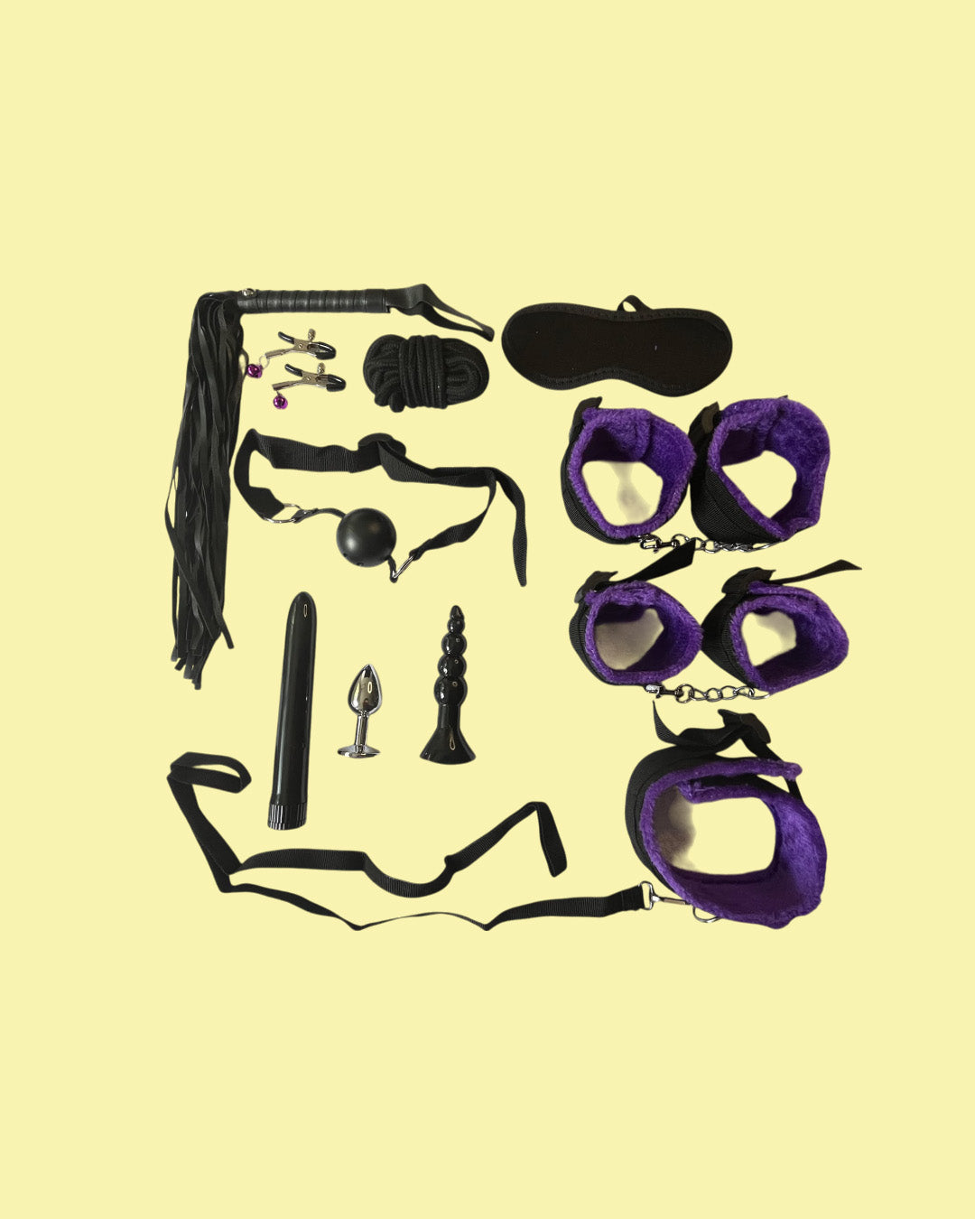 BDSM Set de 11 piezas PURPURA con plug anal y vibrador
