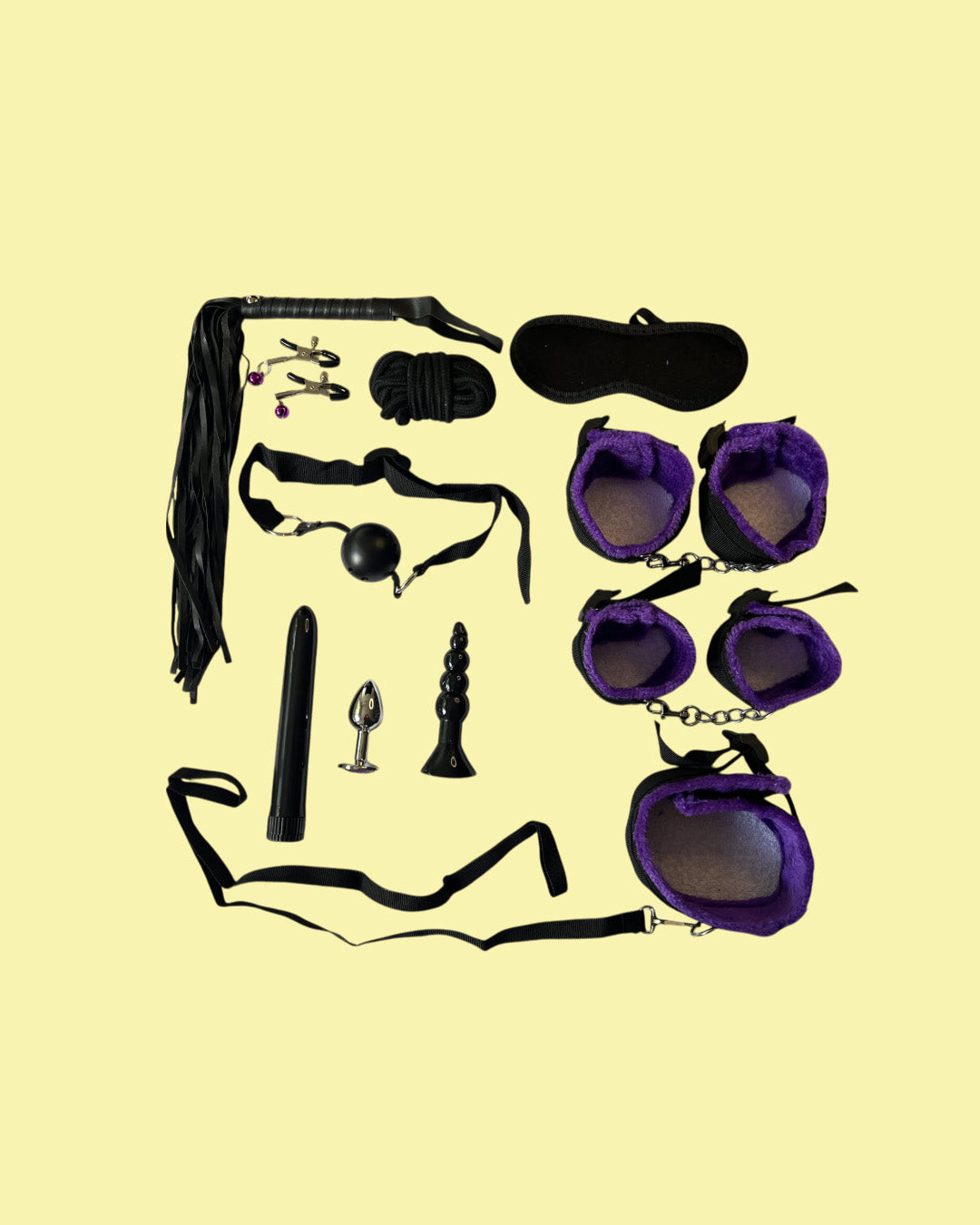 BDSM Set de 11 piezas PURPURA con plug anal y vibrador