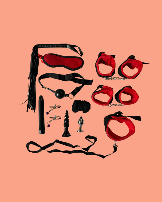 BDSM Set de 11 piezas ROJO Y NEGRO con plug anal y vibrador