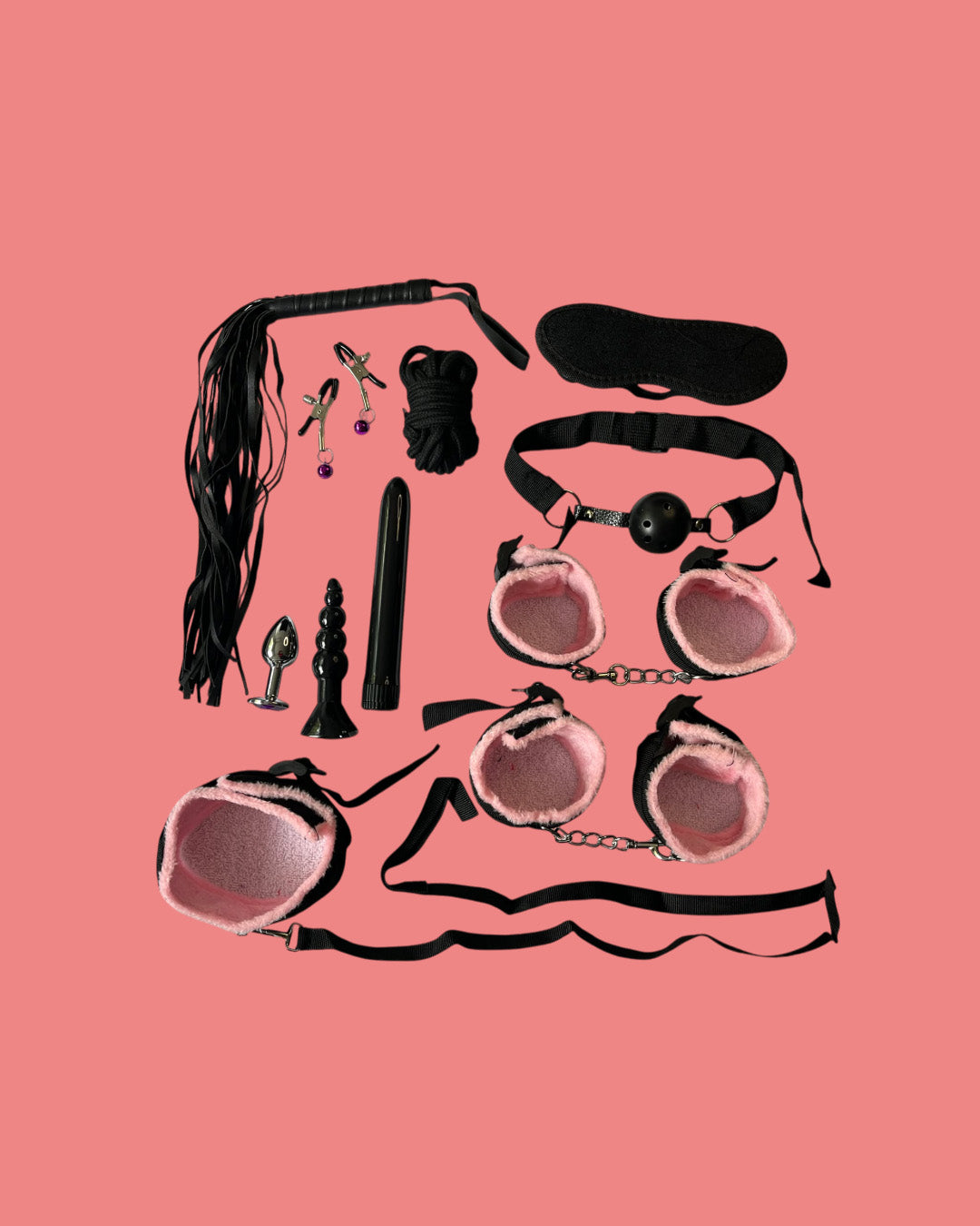 BDSM Set de 11 piezas ROSA con plug anal y vibrador