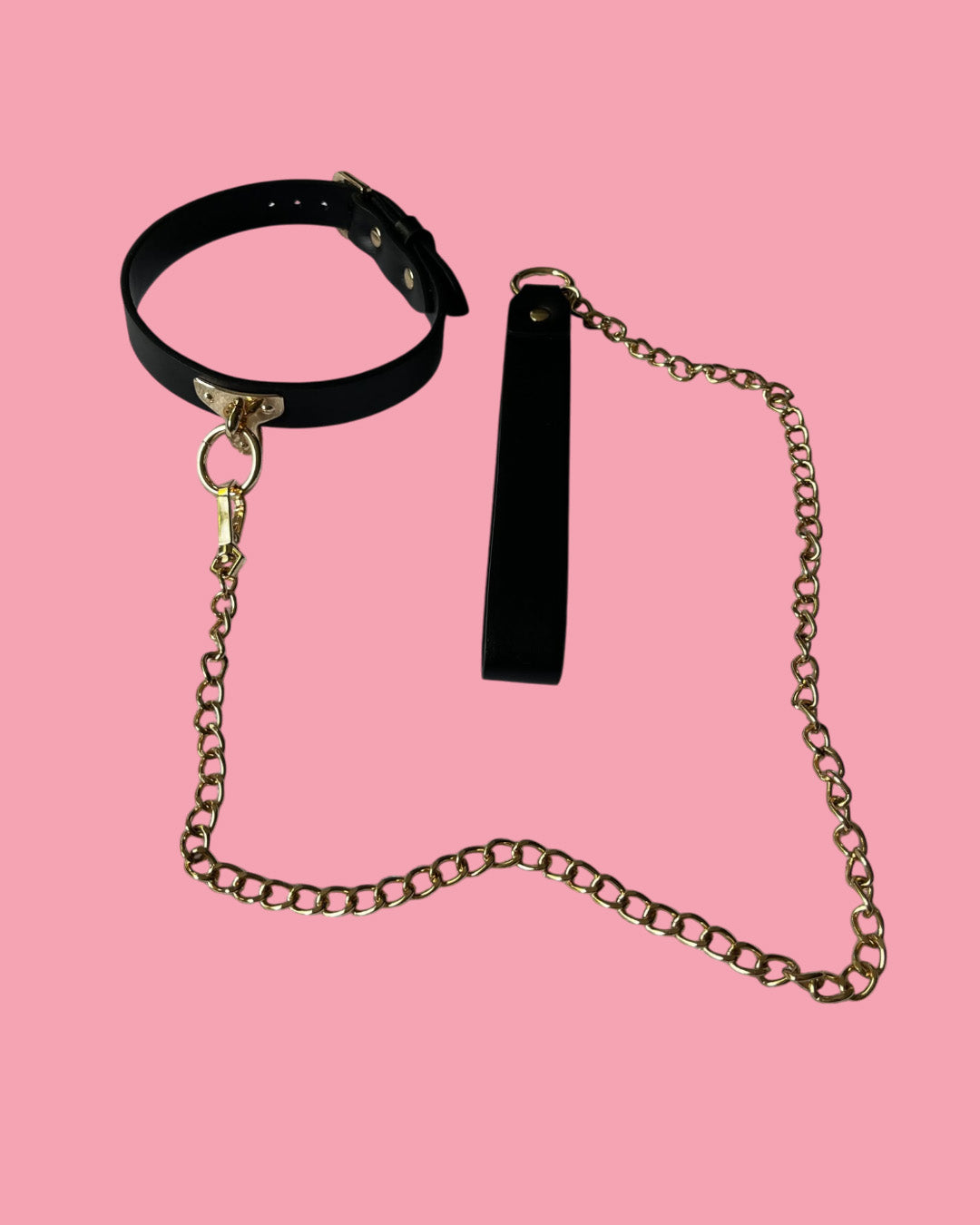 BDSM Collar con correa en cuero y cadena dorada NEGRO