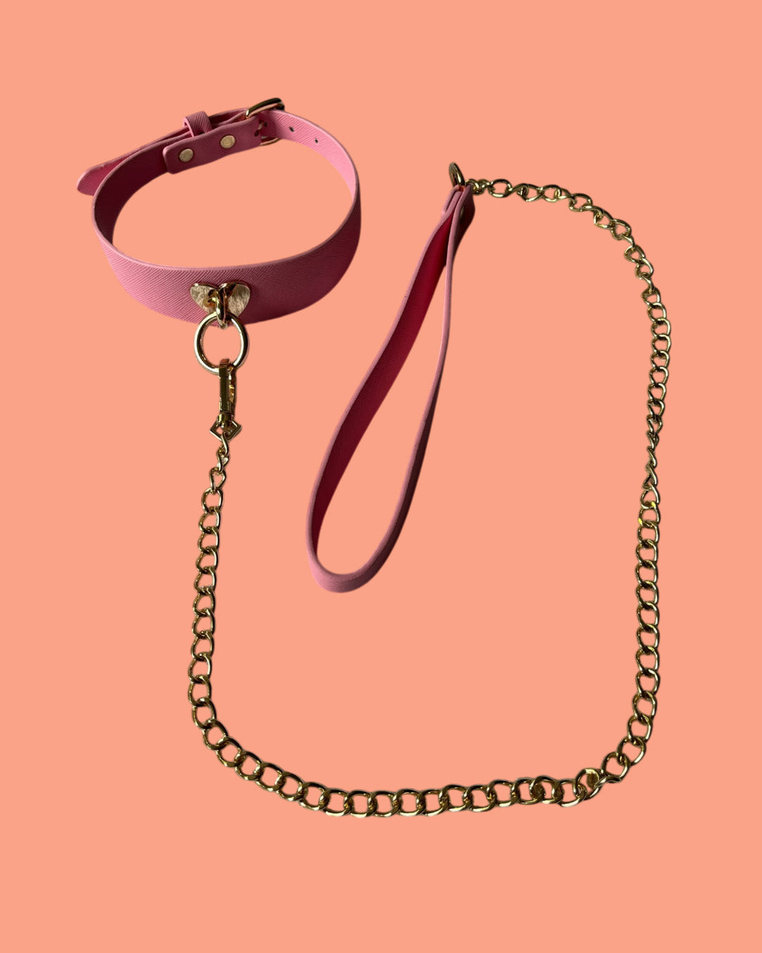 BDSM Collar con correa en cuero y cadena dorada ROSA