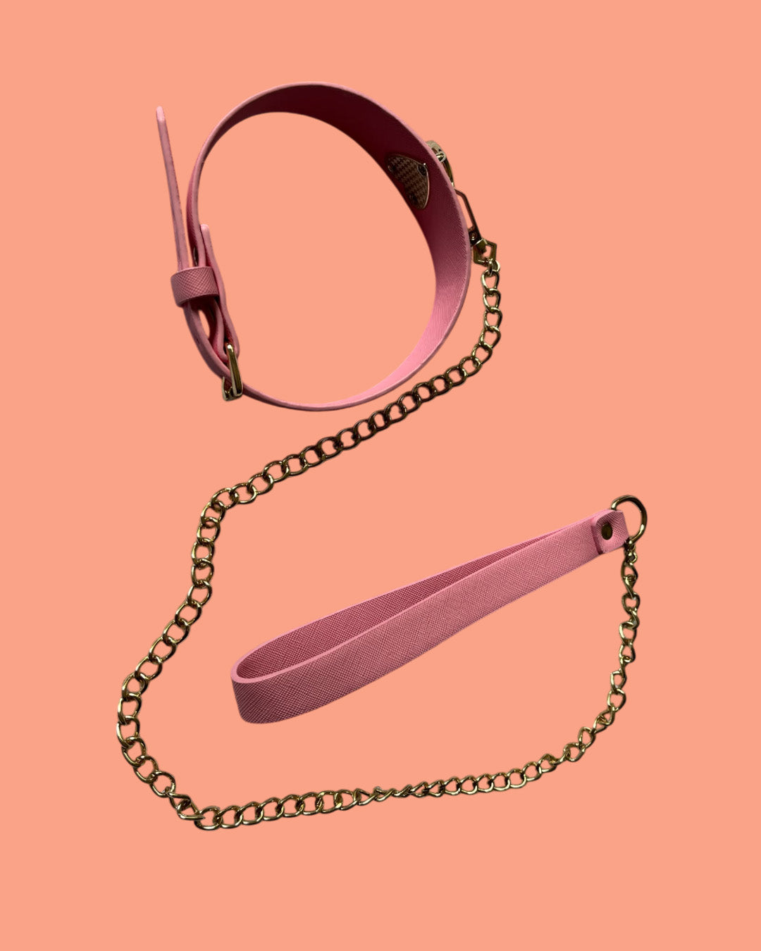 BDSM Collar con correa en cuero y cadena dorada ROSA